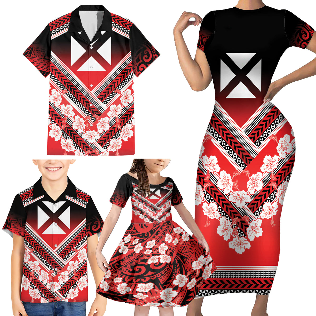 Personalised Wallis et Futuna Family Matching Short Sleeve Bodycon Dress and Hawaiian Shirt Hibiscus and Polynesian Tribal Tattoos LT9 - Polynesian Pride