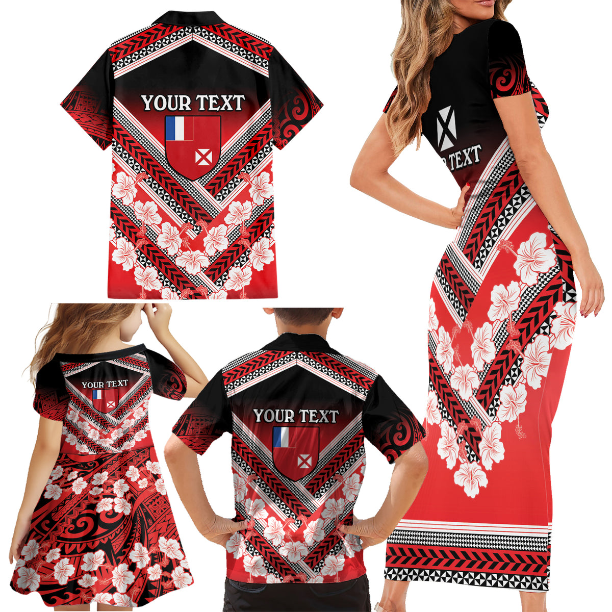 Personalised Wallis et Futuna Family Matching Short Sleeve Bodycon Dress and Hawaiian Shirt Hibiscus and Polynesian Tribal Tattoos LT9 - Polynesian Pride