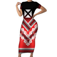 Personalised Wallis et Futuna Family Matching Short Sleeve Bodycon Dress and Hawaiian Shirt Hibiscus and Polynesian Tribal Tattoos LT9 Mom's Dress Red - Polynesian Pride