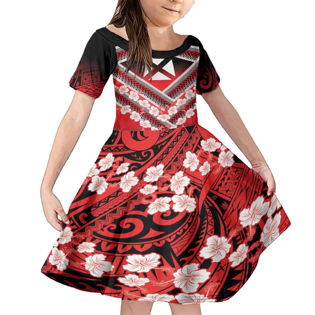 Personalised Wallis et Futuna Family Matching Summer Maxi Dress and Hawaiian Shirt Hibiscus and Polynesian Tribal Tattoos LT9 Daughter's Dress Red - Polynesian Pride
