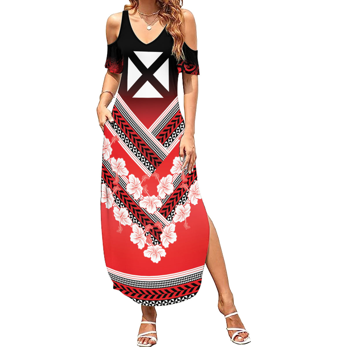 Personalised Wallis et Futuna Family Matching Summer Maxi Dress and Hawaiian Shirt Hibiscus and Polynesian Tribal Tattoos LT9 Mom's Dress Red - Polynesian Pride
