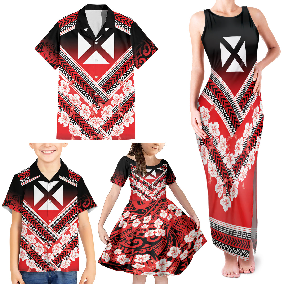 Personalised Wallis et Futuna Family Matching Tank Maxi Dress and Hawaiian Shirt Hibiscus and Polynesian Tribal Tattoos LT9 - Polynesian Pride