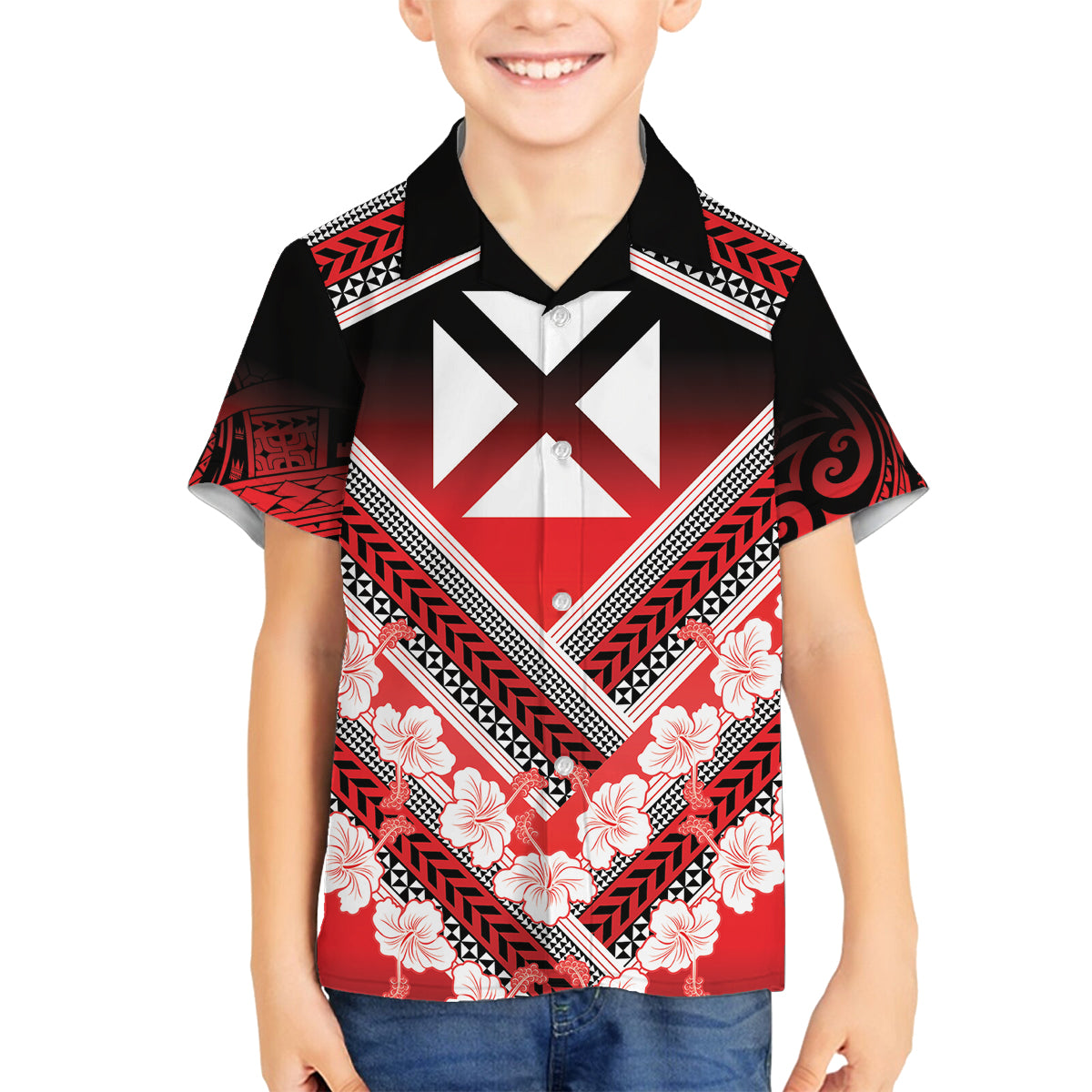 Personalised Wallis et Futuna Family Matching Tank Maxi Dress and Hawaiian Shirt Hibiscus and Polynesian Tribal Tattoos LT9 Son's Shirt Red - Polynesian Pride