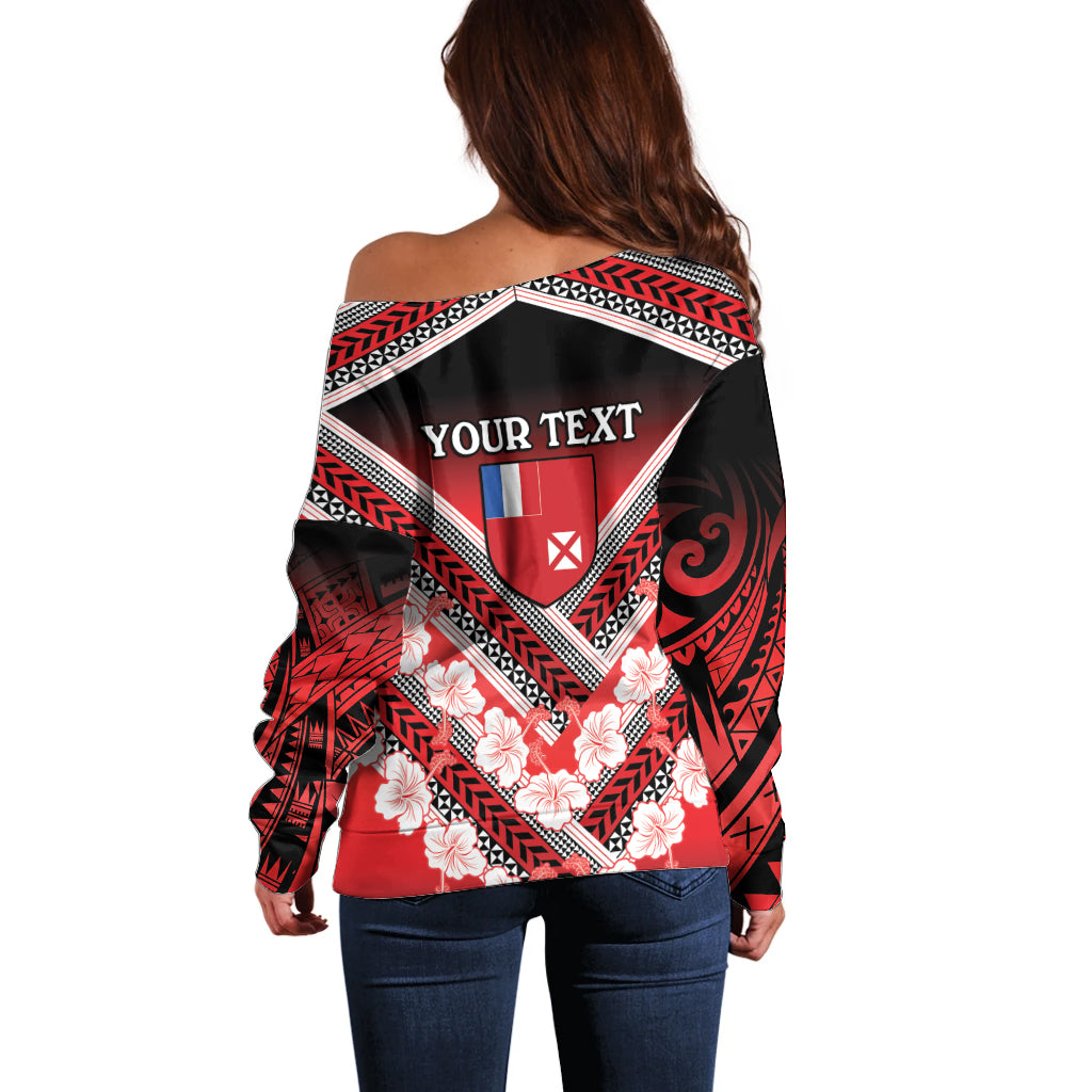 Personalised Wallis et Futuna Off Shoulder Sweater Hibiscus and Polynesian Tribal Tattoos