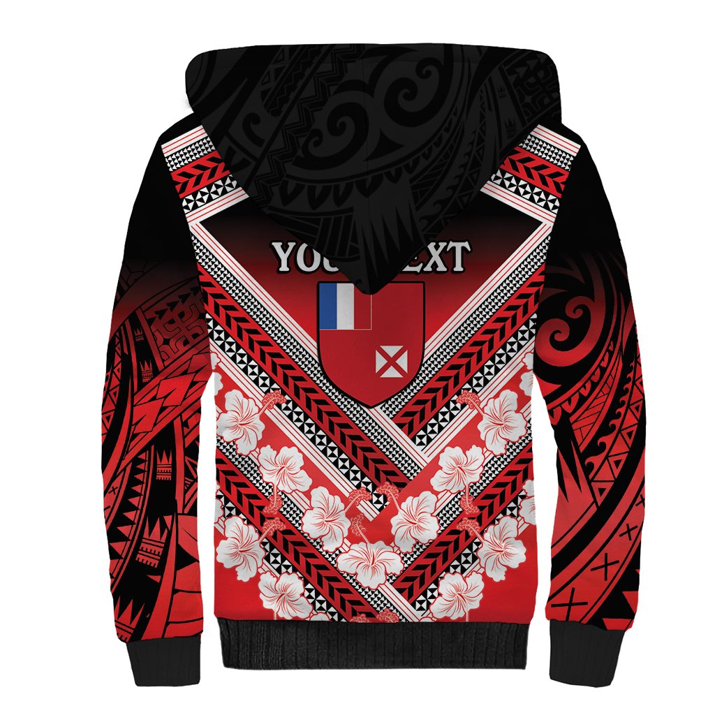Personalised Wallis et Futuna Sherpa Hoodie Hibiscus and Polynesian Tribal Tattoos