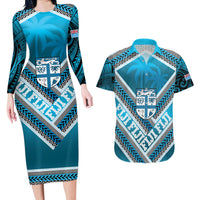 Custom Fiji Rugby Couples Matching Long Sleeve Bodycon Dress and Hawaiian Shirt Fijian Warrior With Polynesian Tribal Tattoos LT9 Blue - Polynesian Pride