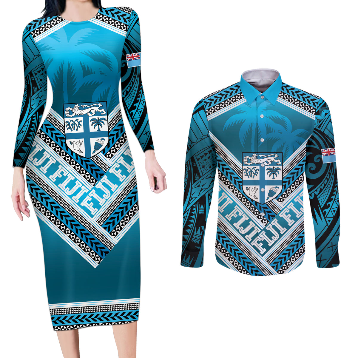 Custom Fiji Rugby Couples Matching Long Sleeve Bodycon Dress and Long Sleeve Button Shirt Fijian Warrior With Polynesian Tribal Tattoos LT9 Blue - Polynesian Pride