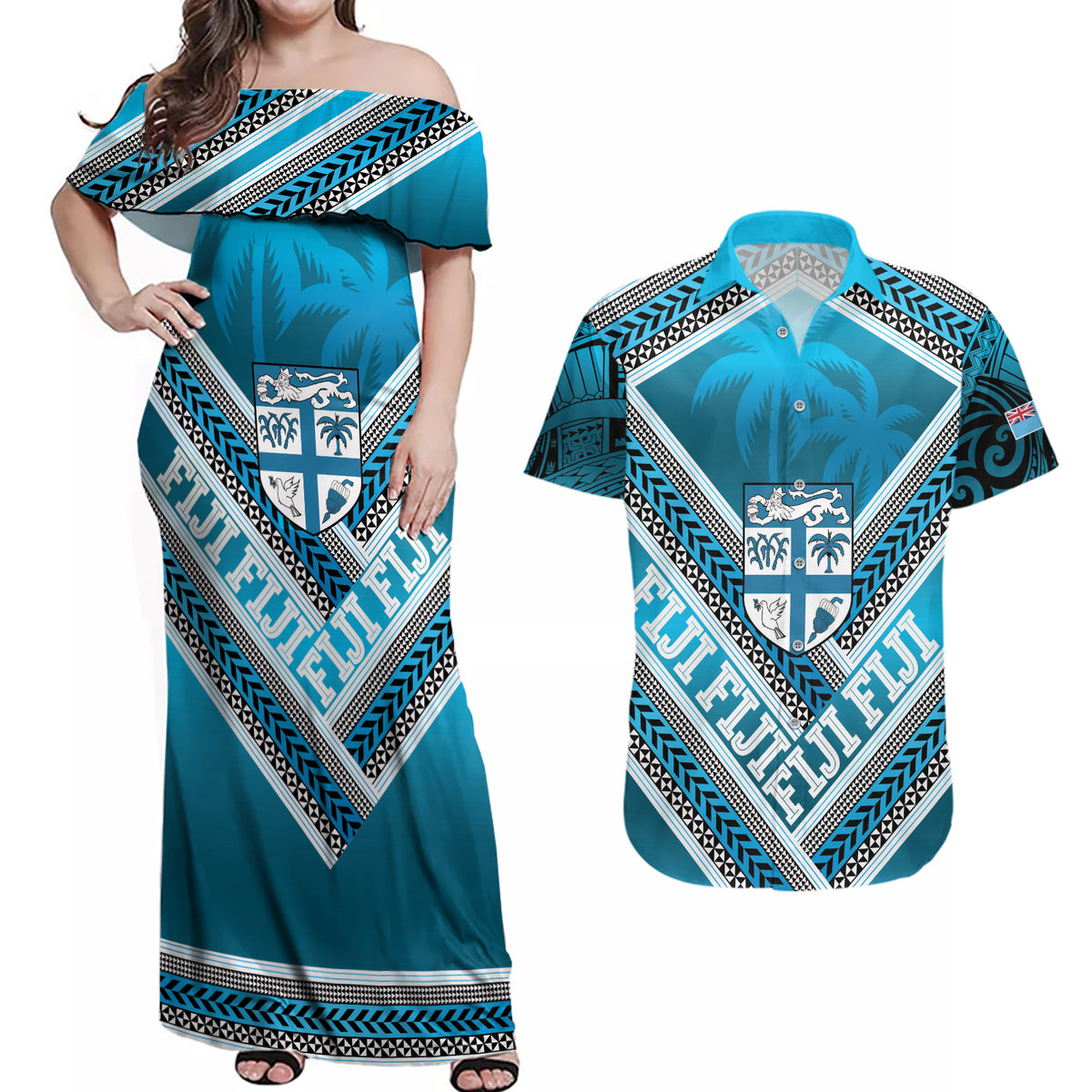 Custom Fiji Rugby Couples Matching Off Shoulder Maxi Dress and Hawaiian Shirt Fijian Warrior With Polynesian Tribal Tattoos LT9 Blue - Polynesian Pride