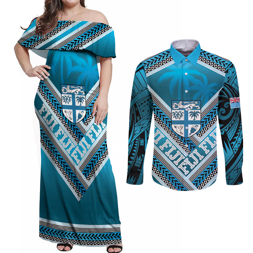Custom Fiji Rugby Couples Matching Off Shoulder Maxi Dress and Long Sleeve Button Shirt Fijian Warrior With Polynesian Tribal Tattoos LT9 Blue - Polynesian Pride