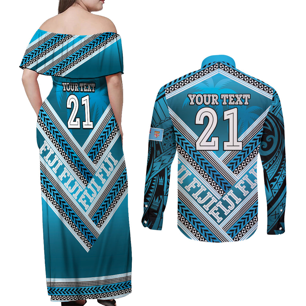 Custom Fiji Rugby Couples Matching Off Shoulder Maxi Dress and Long Sleeve Button Shirt Fijian Warrior With Polynesian Tribal Tattoos LT9 - Polynesian Pride