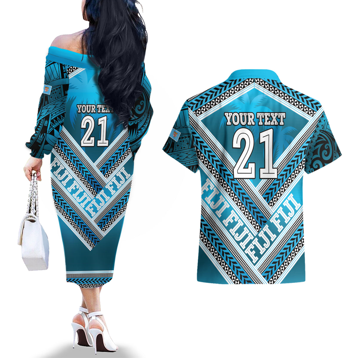 Custom Fiji Rugby Couples Matching Off The Shoulder Long Sleeve Dress and Hawaiian Shirt Fijian Warrior With Polynesian Tribal Tattoos LT9 - Polynesian Pride