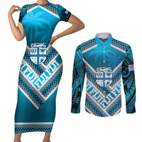 Custom Fiji Rugby Couples Matching Short Sleeve Bodycon Dress and Long Sleeve Button Shirt Fijian Warrior With Polynesian Tribal Tattoos LT9 Blue - Polynesian Pride