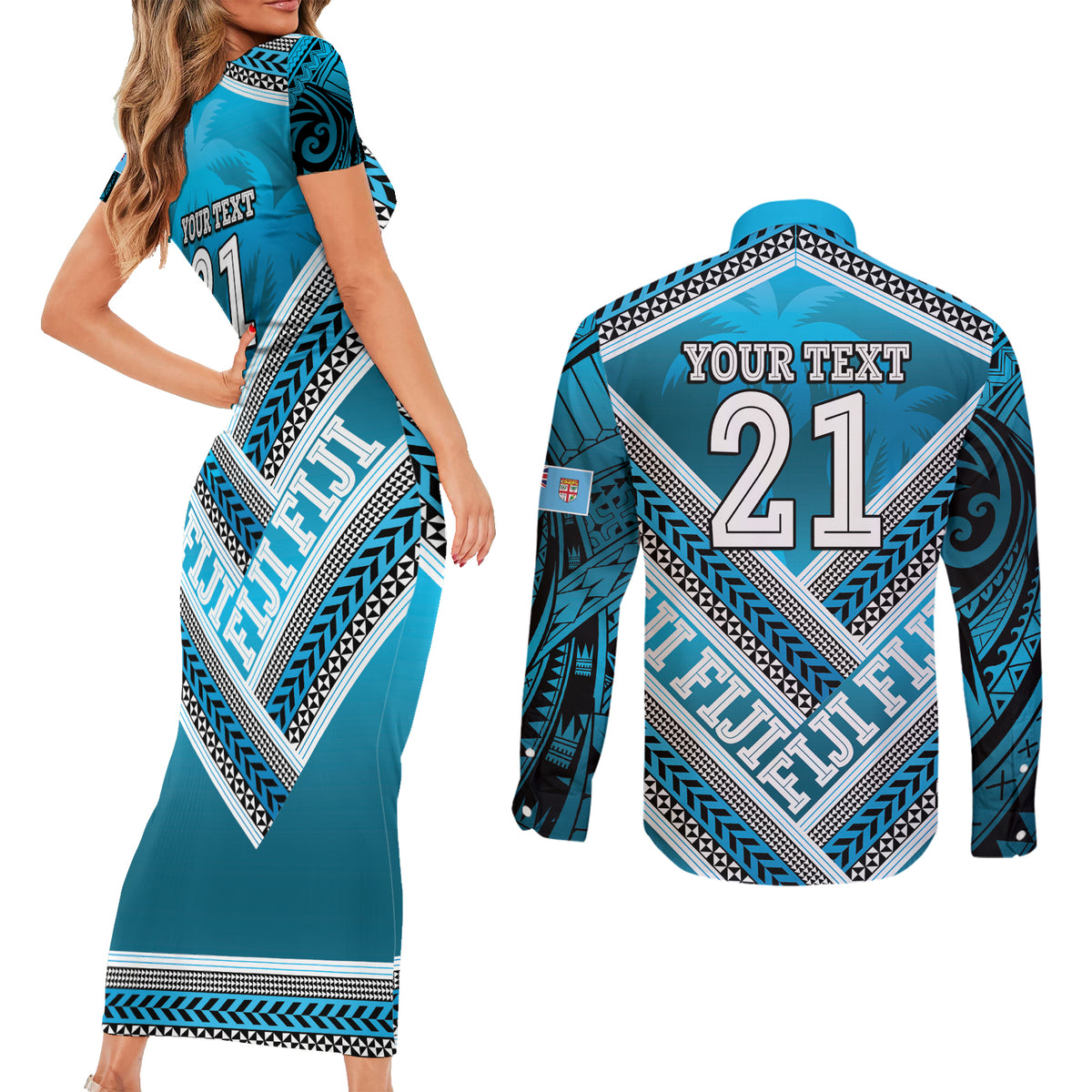 Custom Fiji Rugby Couples Matching Short Sleeve Bodycon Dress and Long Sleeve Button Shirt Fijian Warrior With Polynesian Tribal Tattoos LT9 - Polynesian Pride