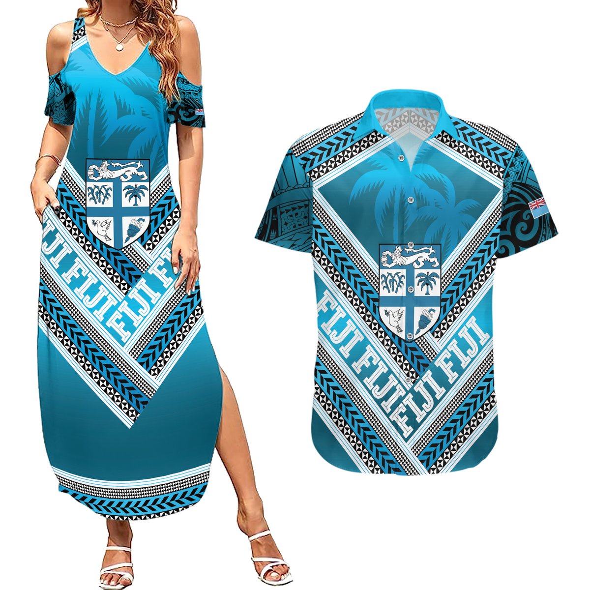 Custom Fiji Rugby Couples Matching Summer Maxi Dress and Hawaiian Shirt Fijian Warrior With Polynesian Tribal Tattoos LT9 Blue - Polynesian Pride