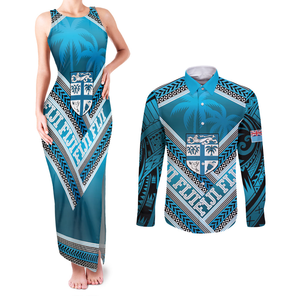 Custom Fiji Rugby Couples Matching Tank Maxi Dress and Long Sleeve Button Shirt Fijian Warrior With Polynesian Tribal Tattoos LT9 Blue - Polynesian Pride