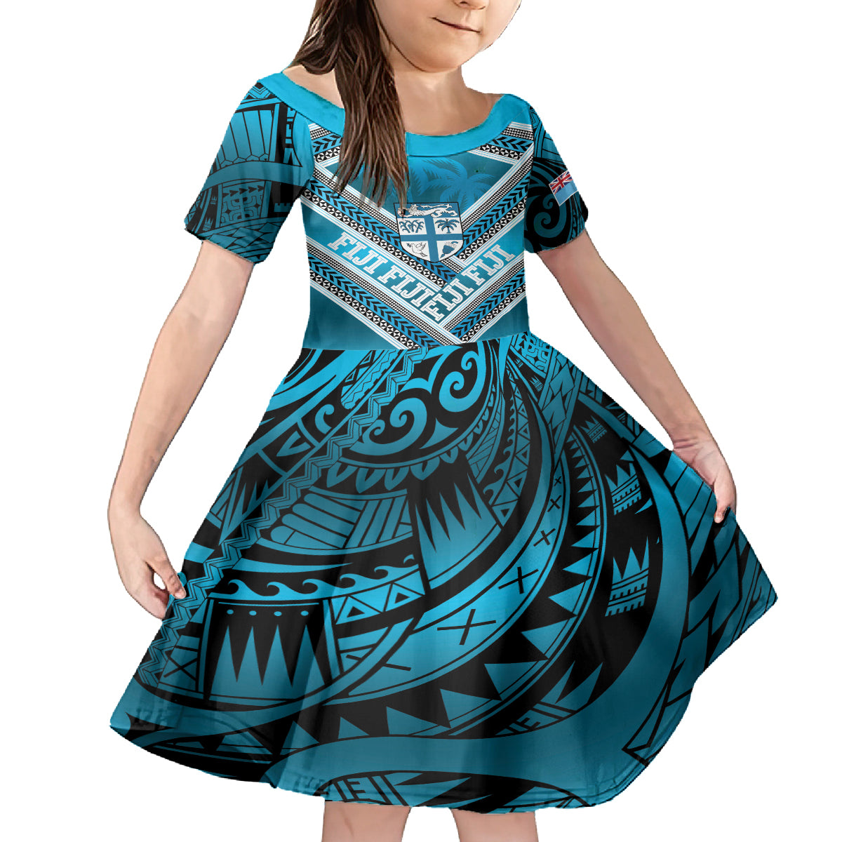 Custom Fiji Rugby Family Matching Long Sleeve Bodycon Dress and Hawaiian Shirt Fijian Warrior With Polynesian Tribal Tattoos LT9 Daughter's Dress Blue - Polynesian Pride