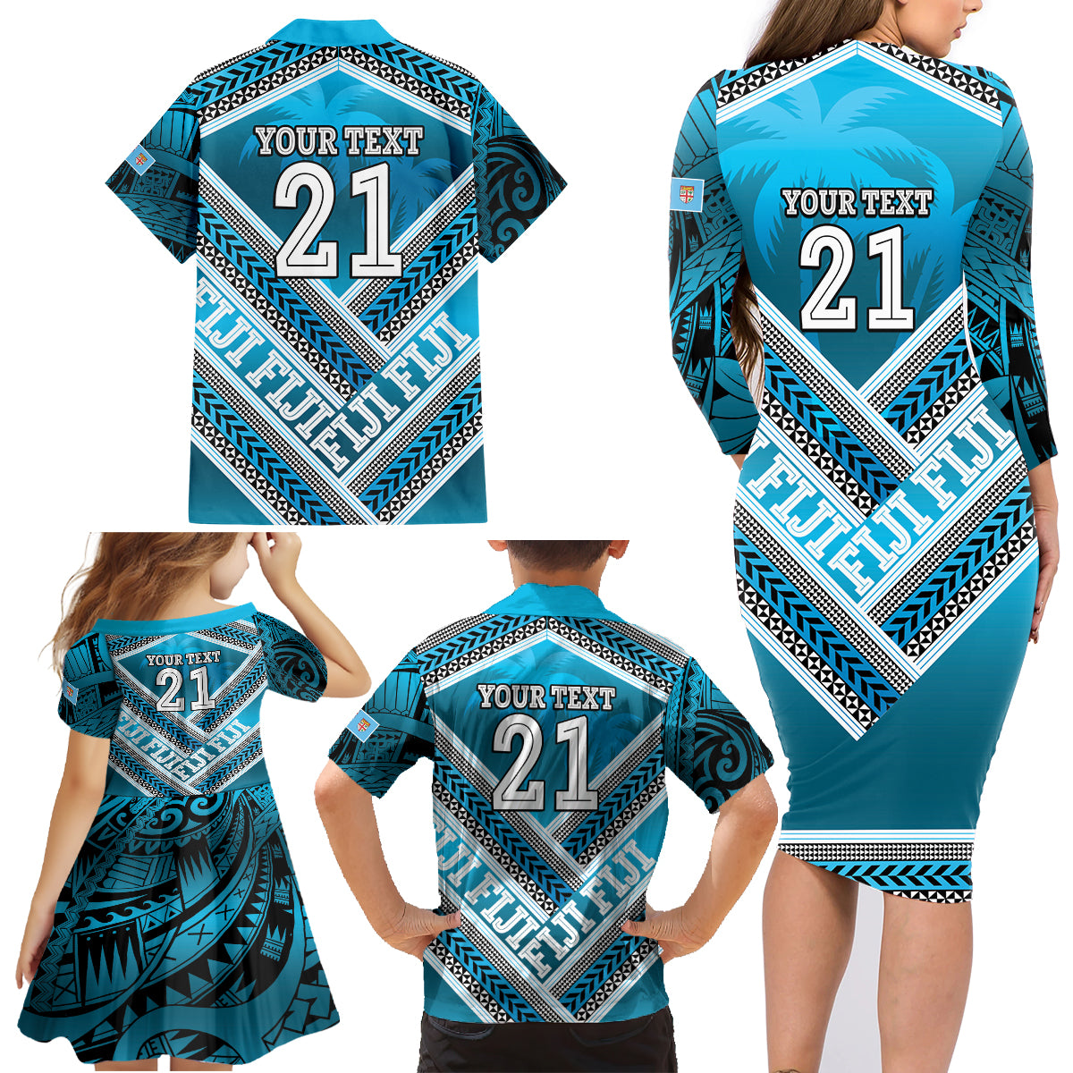 Custom Fiji Rugby Family Matching Long Sleeve Bodycon Dress and Hawaiian Shirt Fijian Warrior With Polynesian Tribal Tattoos LT9 - Polynesian Pride