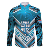 Custom Fiji Rugby Family Matching Long Sleeve Bodycon Dress and Hawaiian Shirt Fijian Warrior With Polynesian Tribal Tattoos LT9 Dad's Shirt - Long Sleeve Blue - Polynesian Pride