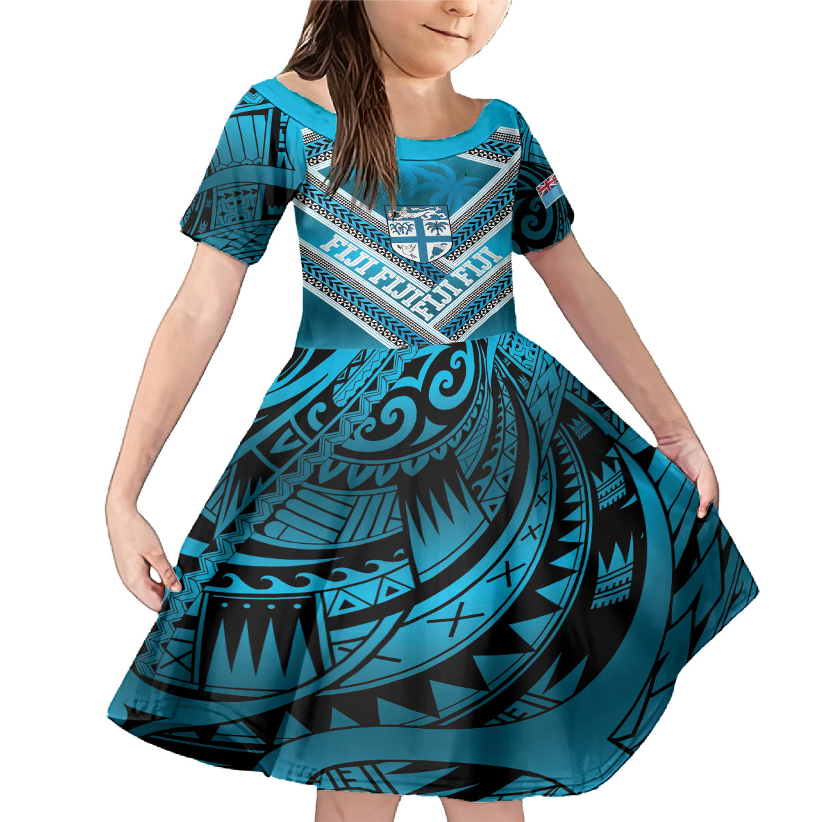 Custom Fiji Rugby Family Matching Mermaid Dress and Hawaiian Shirt Fijian Warrior With Polynesian Tribal Tattoos LT9 Daughter's Dress Blue - Polynesian Pride