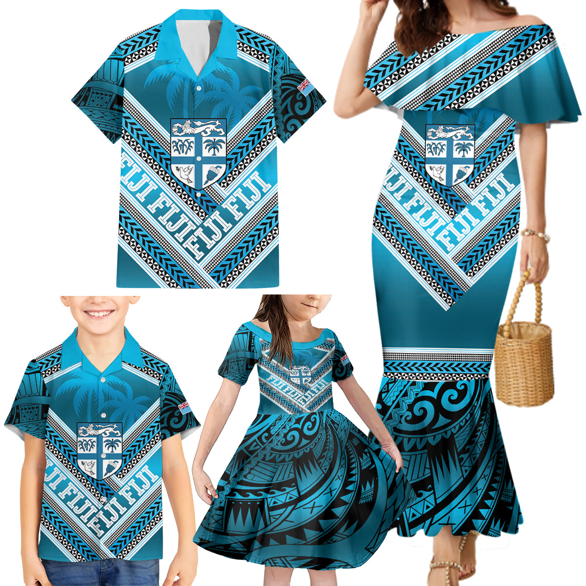 Custom Fiji Rugby Family Matching Mermaid Dress and Hawaiian Shirt Fijian Warrior With Polynesian Tribal Tattoos LT9 - Polynesian Pride