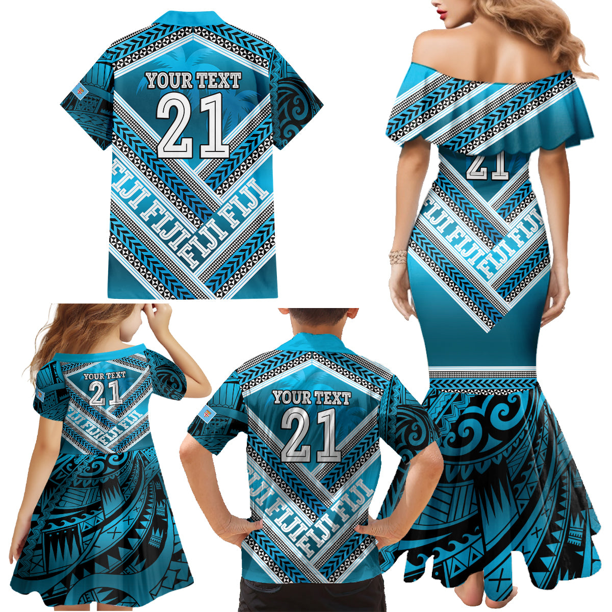 Custom Fiji Rugby Family Matching Mermaid Dress and Hawaiian Shirt Fijian Warrior With Polynesian Tribal Tattoos LT9 - Polynesian Pride