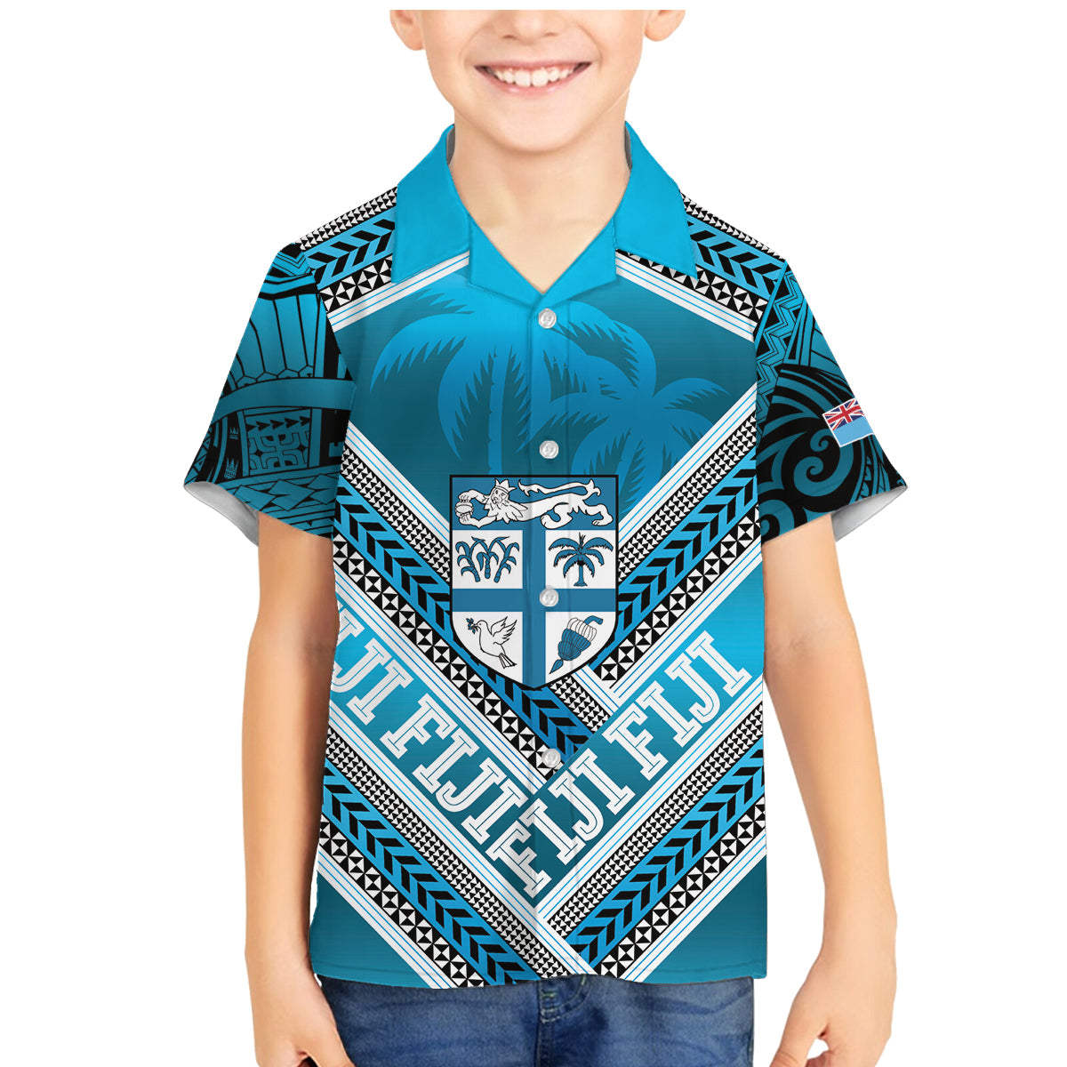Custom Fiji Rugby Family Matching Mermaid Dress and Hawaiian Shirt Fijian Warrior With Polynesian Tribal Tattoos LT9 Son's Shirt Blue - Polynesian Pride