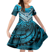 Custom Fiji Rugby Family Matching Off The Shoulder Long Sleeve Dress and Hawaiian Shirt Fijian Warrior With Polynesian Tribal Tattoos LT9 Daughter's Dress Blue - Polynesian Pride