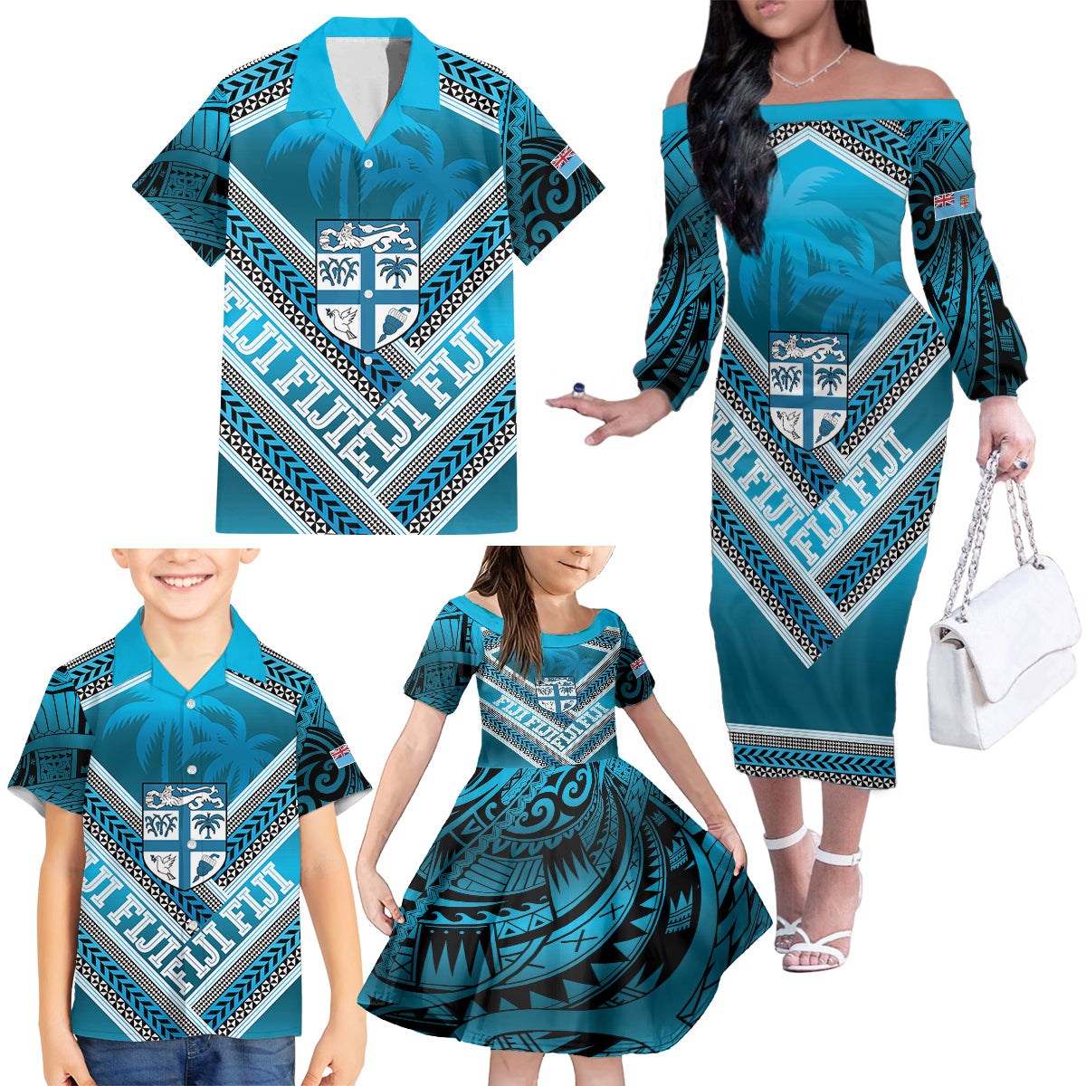 Custom Fiji Rugby Family Matching Off The Shoulder Long Sleeve Dress and Hawaiian Shirt Fijian Warrior With Polynesian Tribal Tattoos LT9 - Polynesian Pride