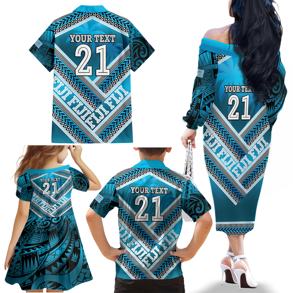 Custom Fiji Rugby Family Matching Off The Shoulder Long Sleeve Dress and Hawaiian Shirt Fijian Warrior With Polynesian Tribal Tattoos LT9 - Polynesian Pride