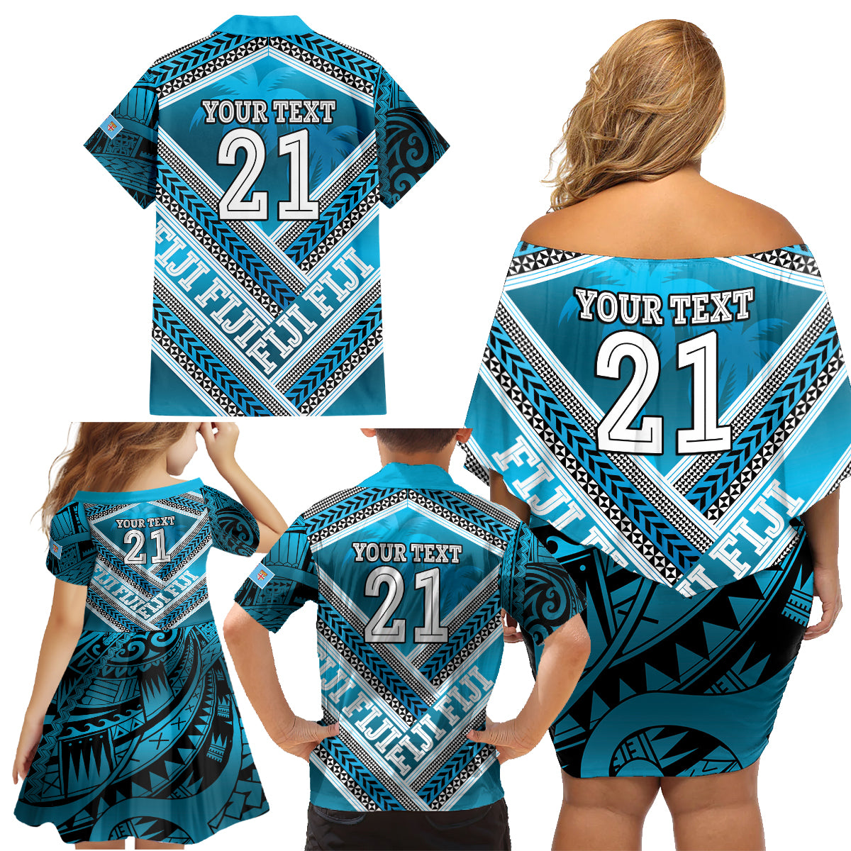 Custom Fiji Rugby Family Matching Off Shoulder Short Dress and Hawaiian Shirt Fijian Warrior With Polynesian Tribal Tattoos LT9 - Polynesian Pride