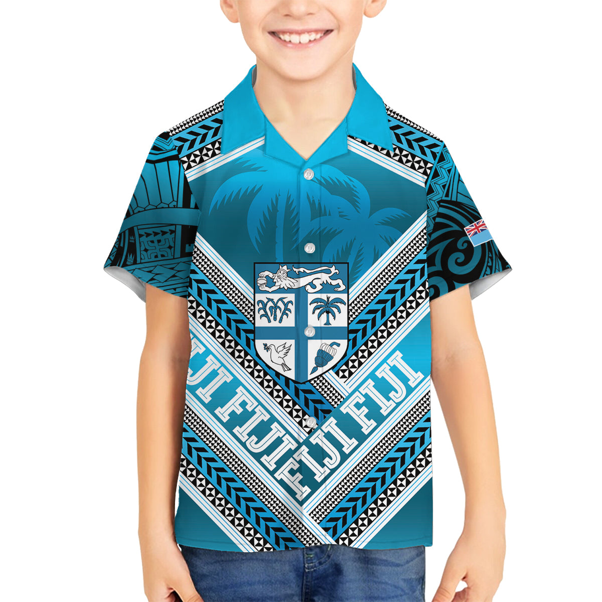 Custom Fiji Rugby Family Matching Off Shoulder Short Dress and Hawaiian Shirt Fijian Warrior With Polynesian Tribal Tattoos LT9 Son's Shirt Blue - Polynesian Pride