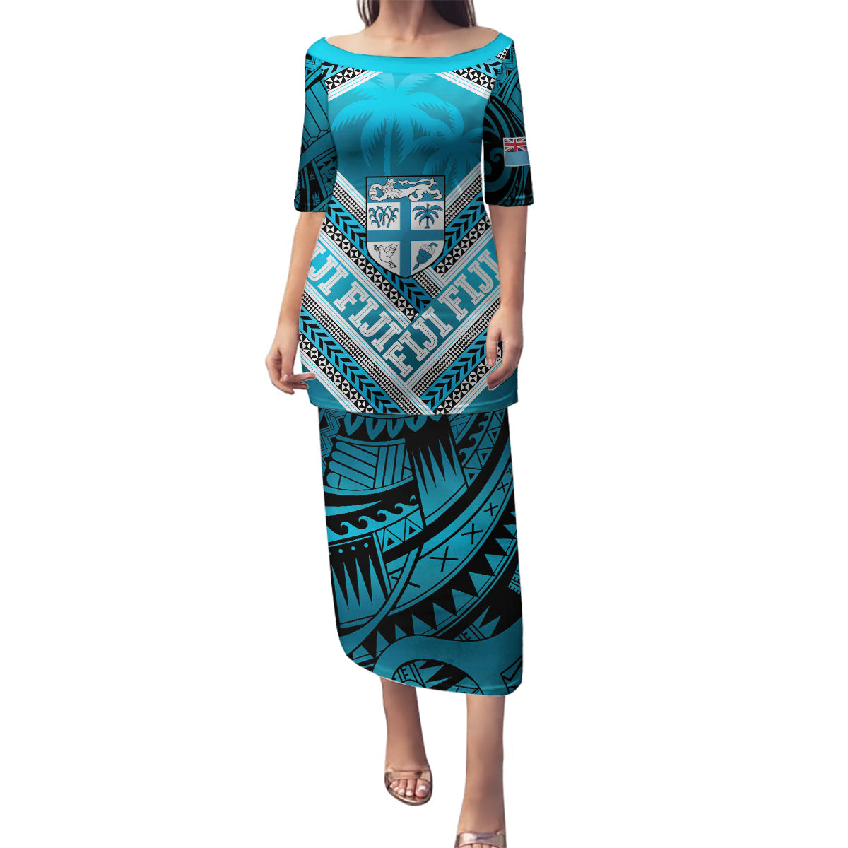 Custom Fiji Rugby Family Matching Puletasi and Hawaiian Shirt Fijian Warrior With Polynesian Tribal Tattoos LT9 Mom's Dress Blue - Polynesian Pride