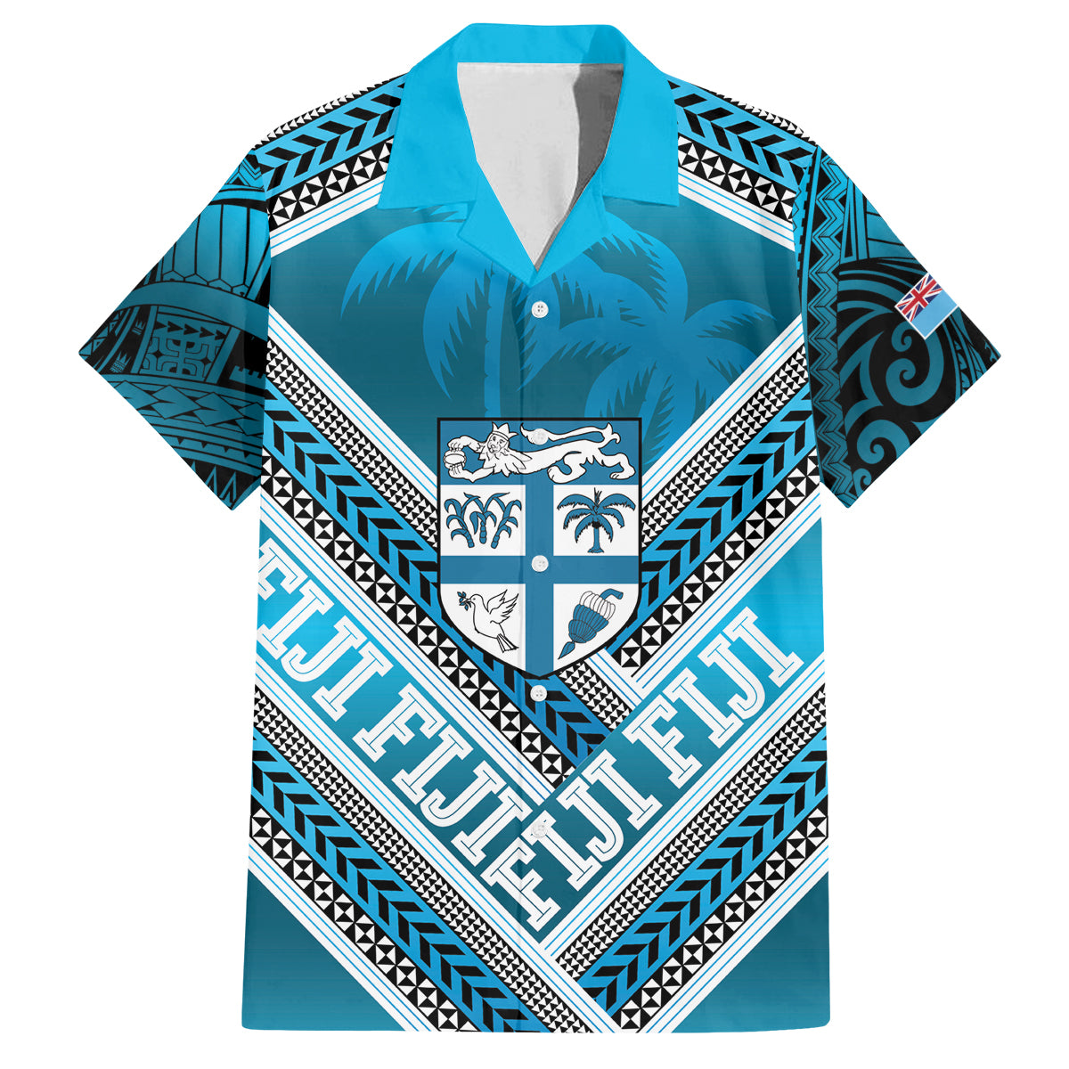 Custom Fiji Rugby Family Matching Summer Maxi Dress and Hawaiian Shirt Fijian Warrior With Polynesian Tribal Tattoos LT9 Dad's Shirt - Short Sleeve Blue - Polynesian Pride