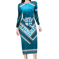 Custom Fiji Rugby Long Sleeve Bodycon Dress Fijian Warrior With Polynesian Tribal Tattoos LT9 Long Dress Blue - Polynesian Pride