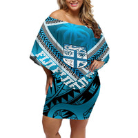 Custom Fiji Rugby Off Shoulder Short Dress Fijian Warrior With Polynesian Tribal Tattoos