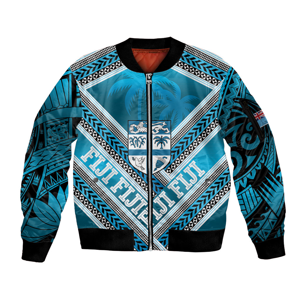 Custom Fiji Rugby Sleeve Zip Bomber Jacket Fijian Warrior With Polynesian Tribal Tattoos