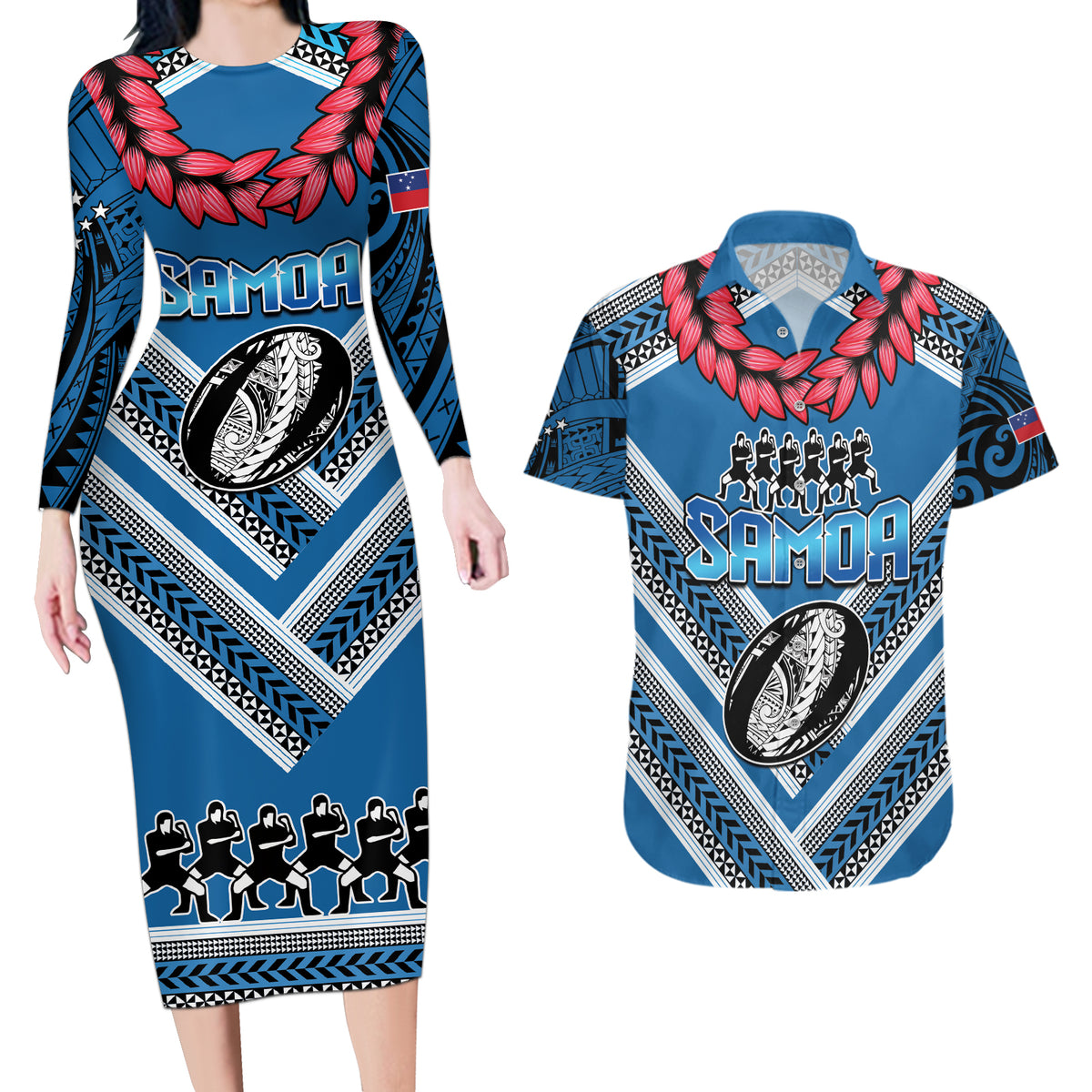 Custom Manuma Samoa Rugby Couples Matching Long Sleeve Bodycon Dress and Hawaiian Shirt Ula fala Samoan Siva Tau Tribal LT9 Blue - Polynesian Pride