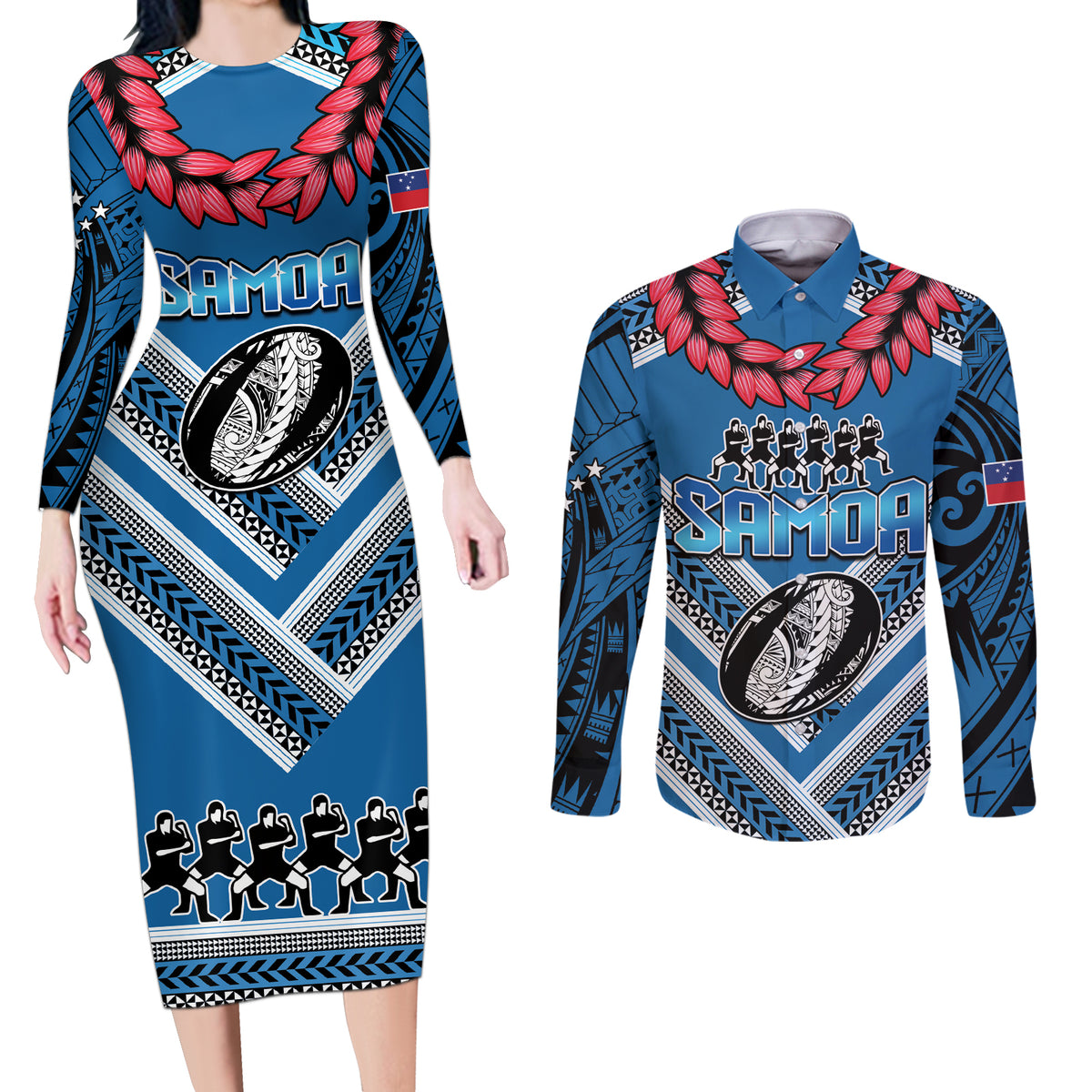 Custom Manuma Samoa Rugby Couples Matching Long Sleeve Bodycon Dress and Long Sleeve Button Shirt Ula fala Samoan Siva Tau Tribal LT9 Blue - Polynesian Pride