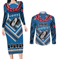 Custom Manuma Samoa Rugby Couples Matching Long Sleeve Bodycon Dress and Long Sleeve Button Shirt Ula fala Samoan Siva Tau Tribal LT9 Blue - Polynesian Pride