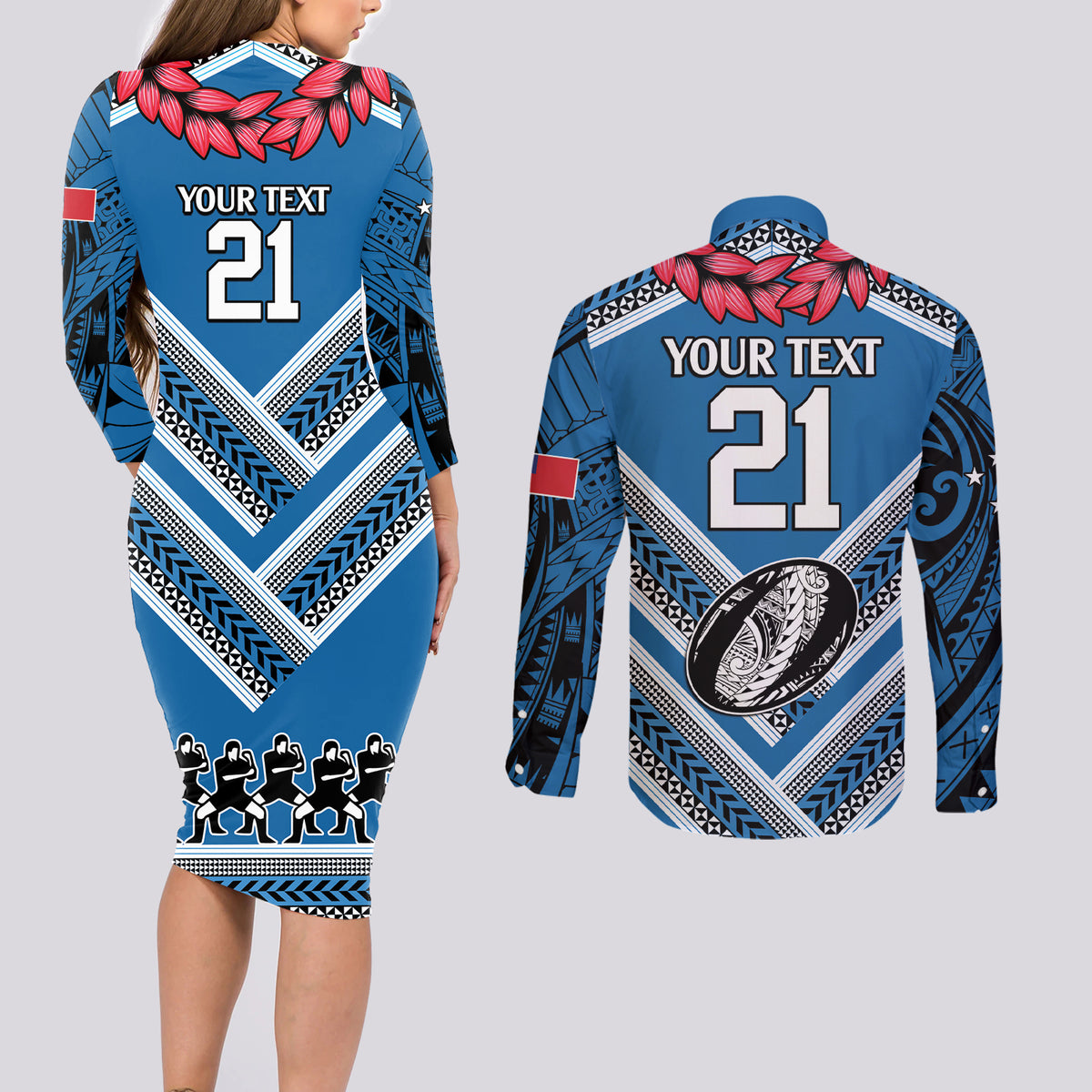 Custom Manuma Samoa Rugby Couples Matching Long Sleeve Bodycon Dress and Long Sleeve Button Shirt Ula fala Samoan Siva Tau Tribal LT9 - Polynesian Pride