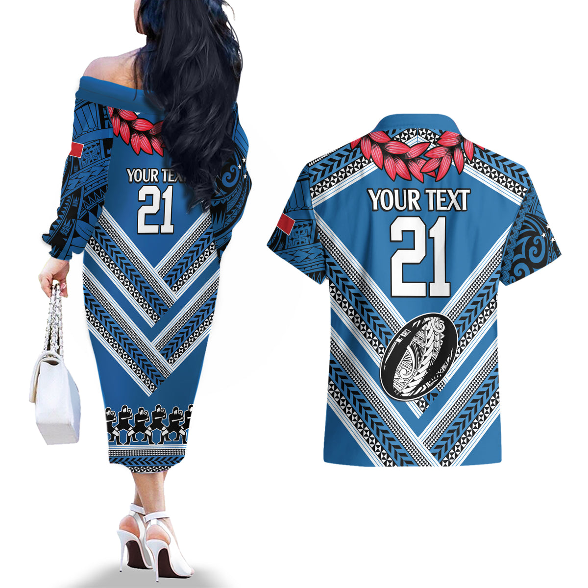 Custom Manuma Samoa Rugby Couples Matching Off The Shoulder Long Sleeve Dress and Hawaiian Shirt Ula fala Samoan Siva Tau Tribal LT9 - Polynesian Pride
