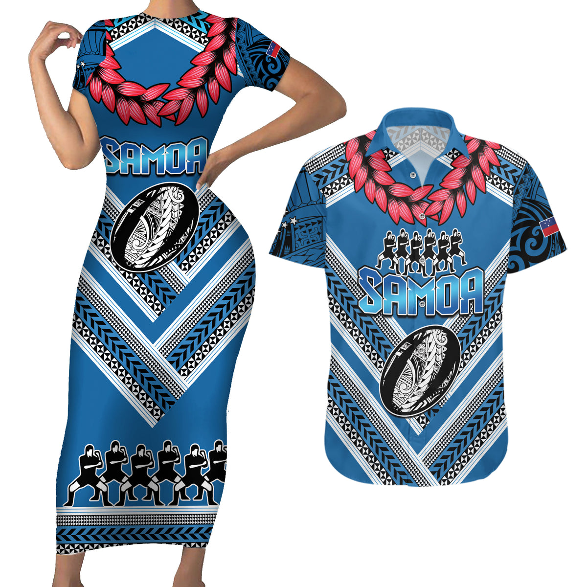 Custom Manuma Samoa Rugby Couples Matching Short Sleeve Bodycon Dress and Hawaiian Shirt Ula fala Samoan Siva Tau Tribal LT9 Blue - Polynesian Pride