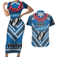 Custom Manuma Samoa Rugby Couples Matching Short Sleeve Bodycon Dress and Hawaiian Shirt Ula fala Samoan Siva Tau Tribal LT9 Blue - Polynesian Pride