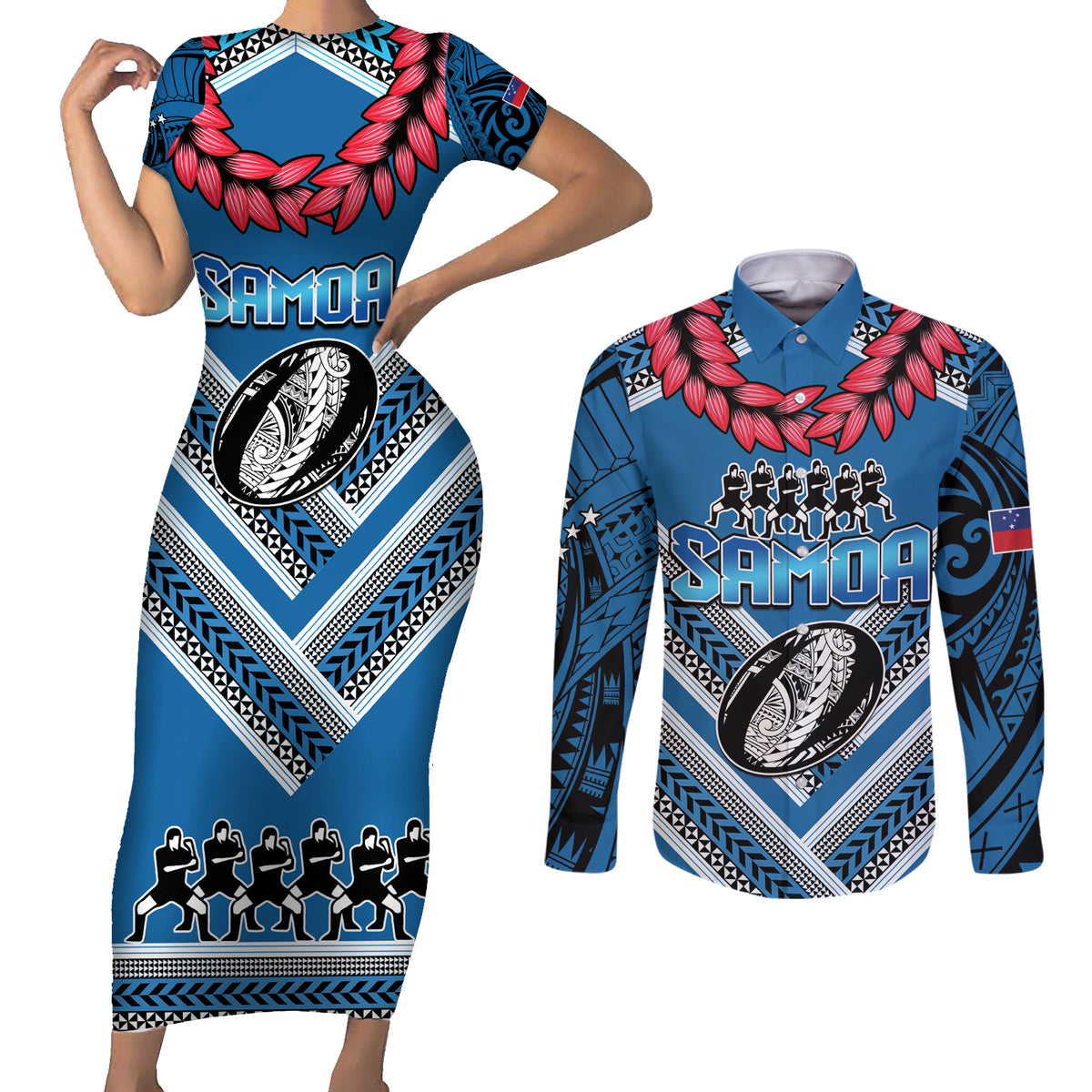 Custom Manuma Samoa Rugby Couples Matching Short Sleeve Bodycon Dress and Long Sleeve Button Shirt Ula fala Samoan Siva Tau Tribal LT9 Blue - Polynesian Pride
