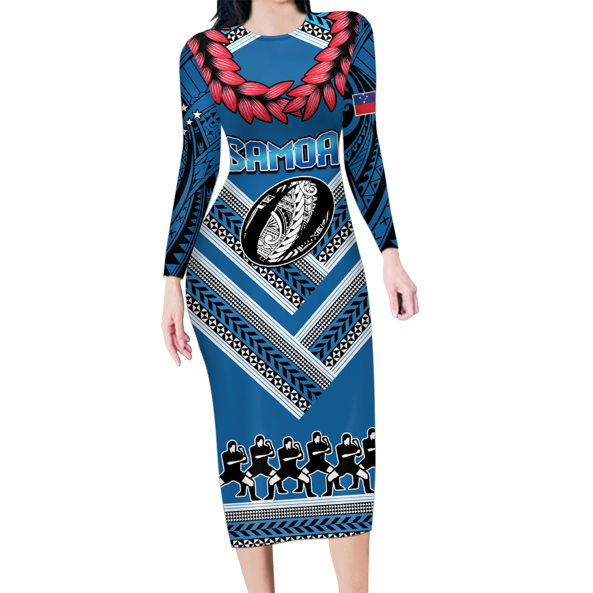 Custom Manuma Samoa Rugby Family Matching Long Sleeve Bodycon Dress and Hawaiian Shirt Ula fala Samoan Siva Tau Tribal LT9 Mom's Dress Blue - Polynesian Pride