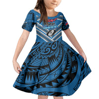 Custom Manuma Samoa Rugby Family Matching Mermaid Dress and Hawaiian Shirt Ula fala Samoan Siva Tau Tribal LT9 Daughter's Dress Blue - Polynesian Pride