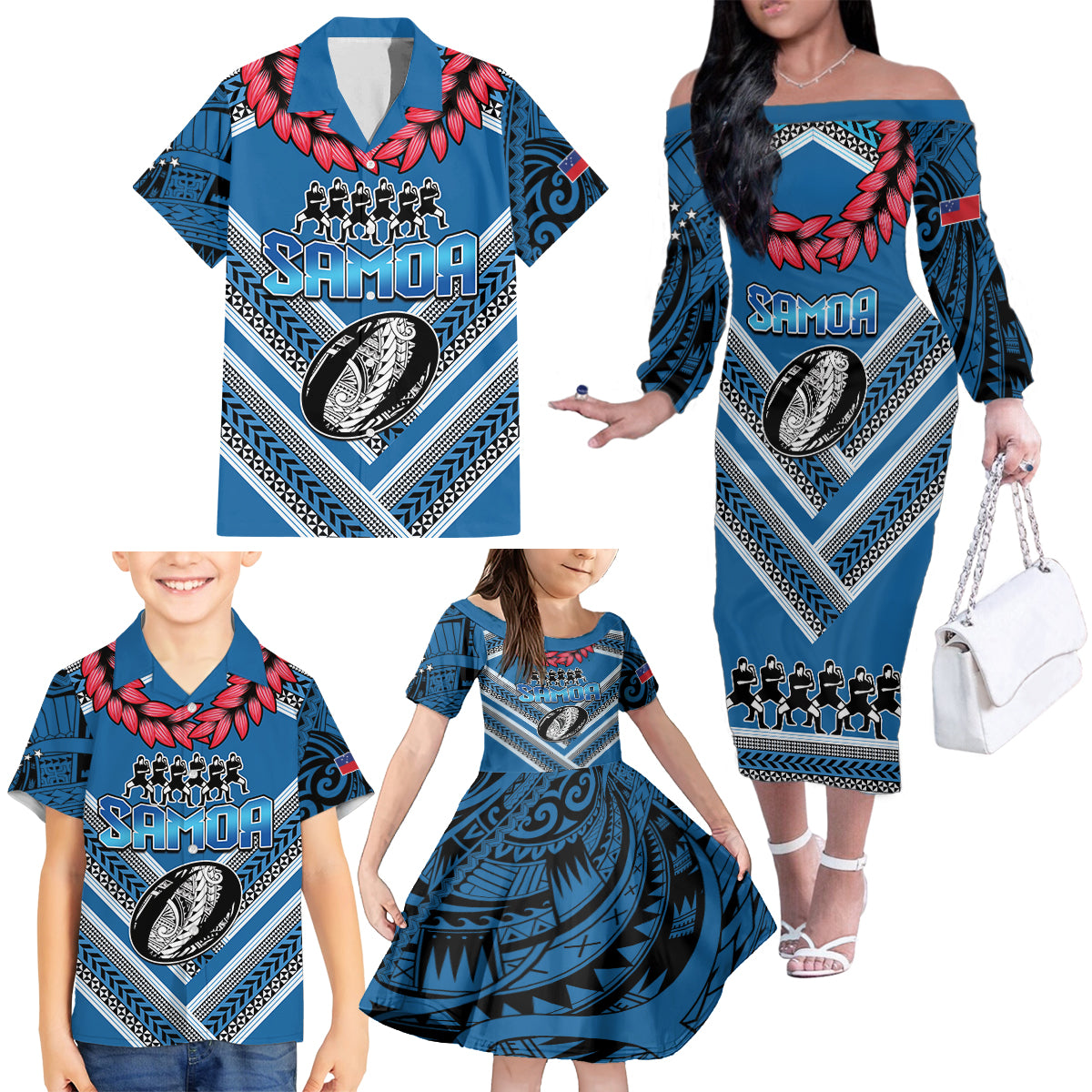Custom Manuma Samoa Rugby Family Matching Off The Shoulder Long Sleeve Dress and Hawaiian Shirt Ula fala Samoan Siva Tau Tribal LT9 - Polynesian Pride