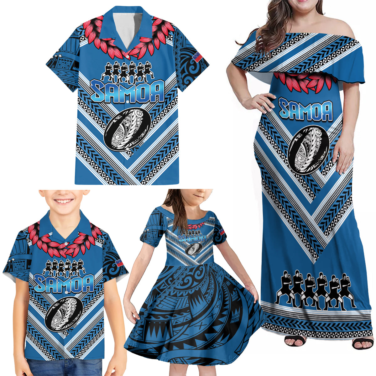 Custom Manuma Samoa Rugby Family Matching Off Shoulder Maxi Dress and Hawaiian Shirt Ula fala Samoan Siva Tau Tribal LT9 - Polynesian Pride