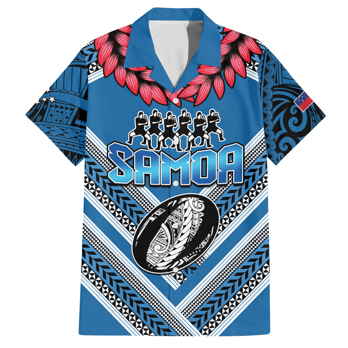 Custom Manuma Samoa Rugby Family Matching Off Shoulder Maxi Dress and Hawaiian Shirt Ula fala Samoan Siva Tau Tribal LT9 Dad's Shirt - Short Sleeve Blue - Polynesian Pride