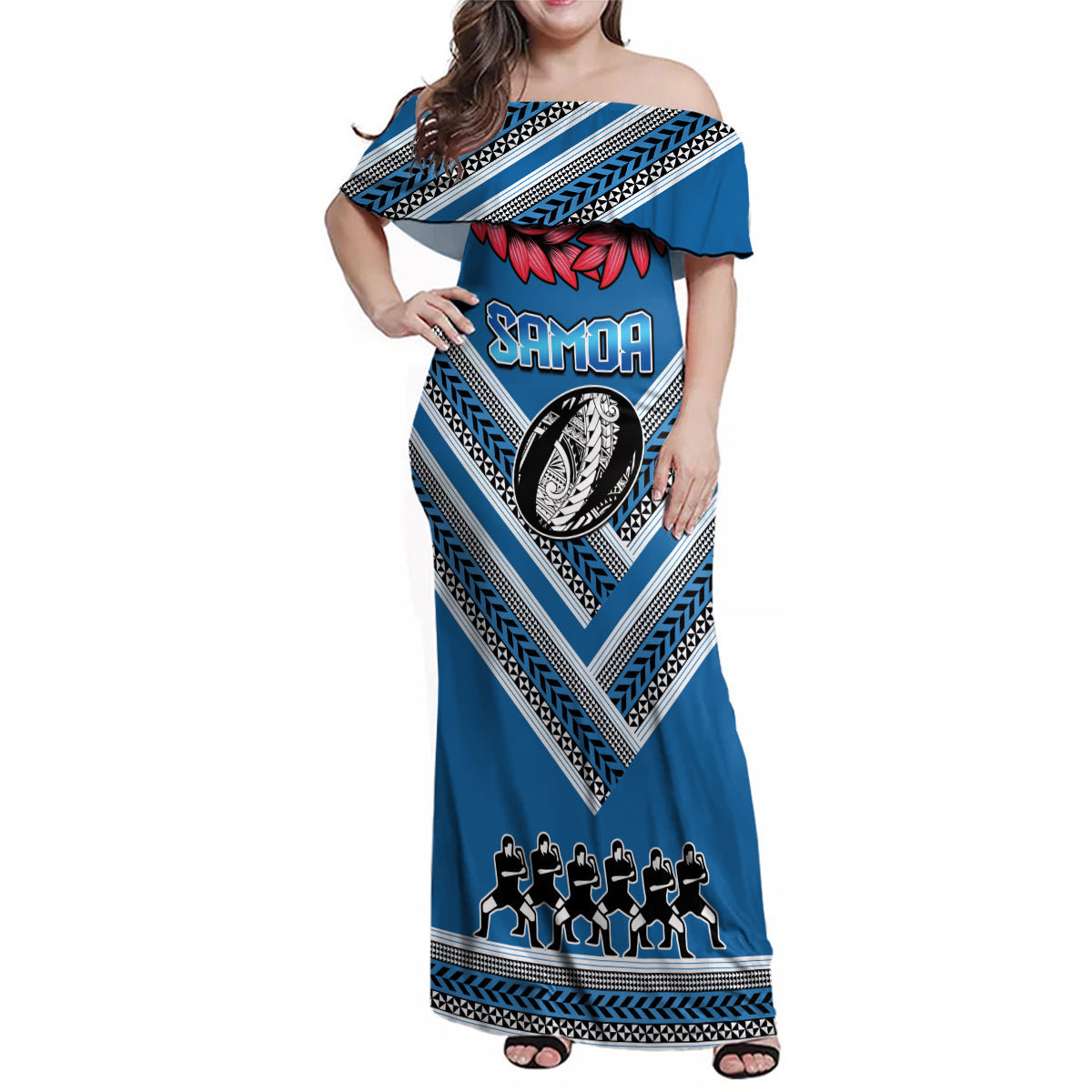 Custom Manuma Samoa Rugby Family Matching Off Shoulder Maxi Dress and Hawaiian Shirt Ula fala Samoan Siva Tau Tribal LT9 Mom's Dress Blue - Polynesian Pride